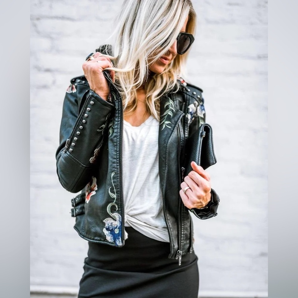 AFTF Embroidered Vegan Leather Biker Jacket